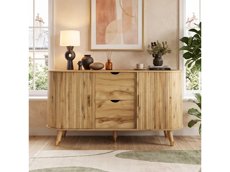 Buffet effet bois, rangement moderne à portes texturées 140x40x79.5cm - Conforama B