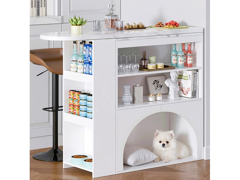  Table extensible avec 2 étagères et espace pour animal, plateau pivotant pour cuisine, blanc, 120(+80) × 40 × 100 cm  - Conforama C