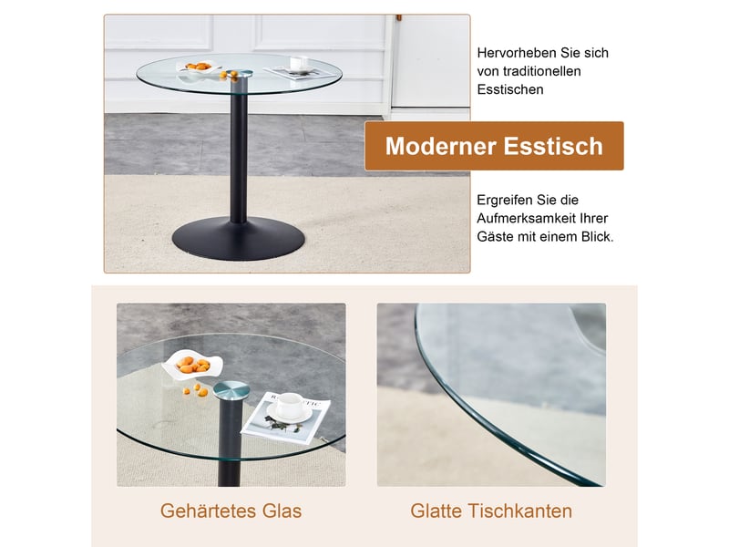  Ensemble table ronde en verre et 4 chaises marron rembourrées, plateau trempé 85 cm et piètement noir, style rétro industriel  - Conforama R