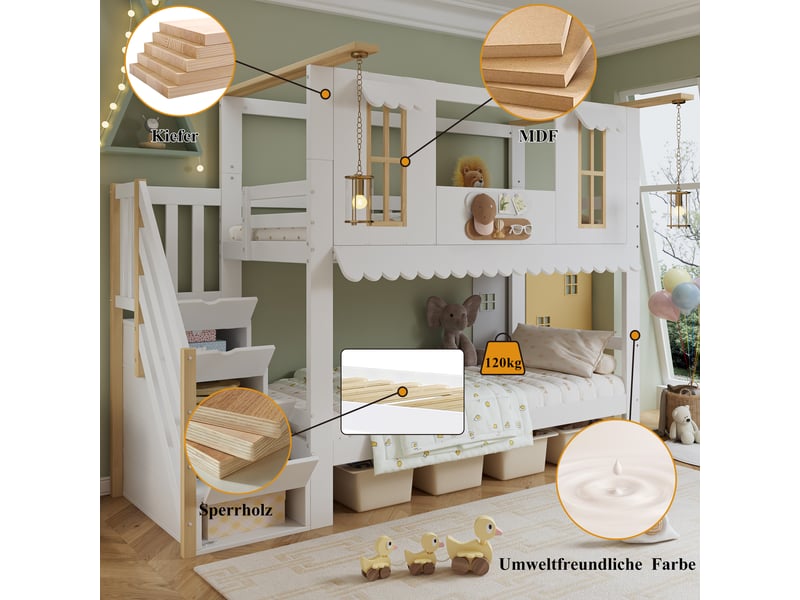  Lit superposé enfant avec escalier de rangement, fenêtres et toit ondulé, 90x200cm, blanc et naturel  - Conforama C
