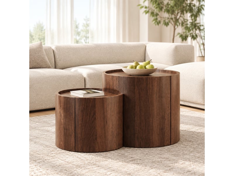  Table basse ronde rangement et tiroirs - lpospi - portes courbes, panneau de particules noyer 77,5 × 47,5 × 40 cm  - Conforama C