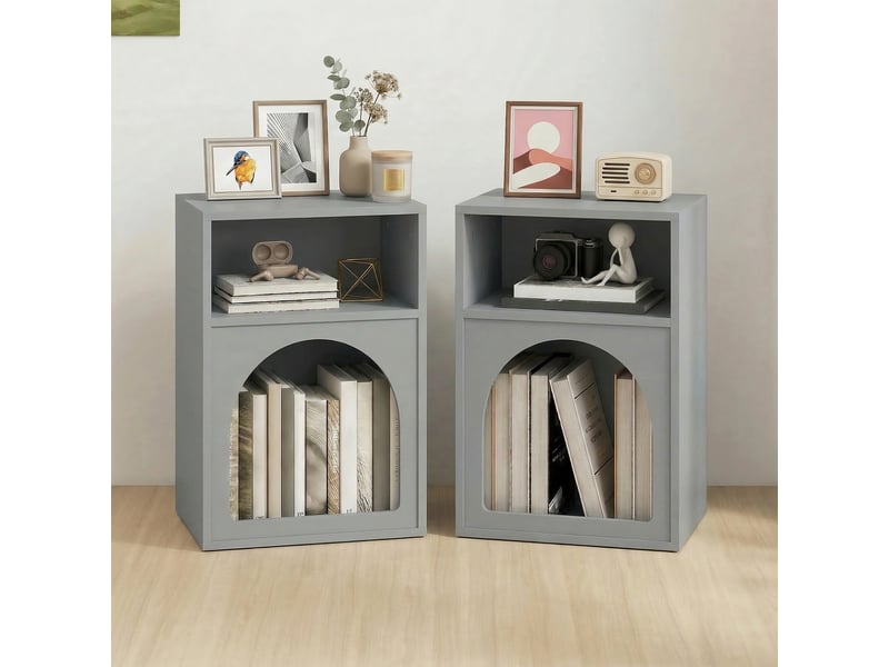  Lot de 2 tables de chevet, table de nuit avec compartiments ouverts, design arqué, 40 x 30 x 60 cm, gris  - Conforama C
