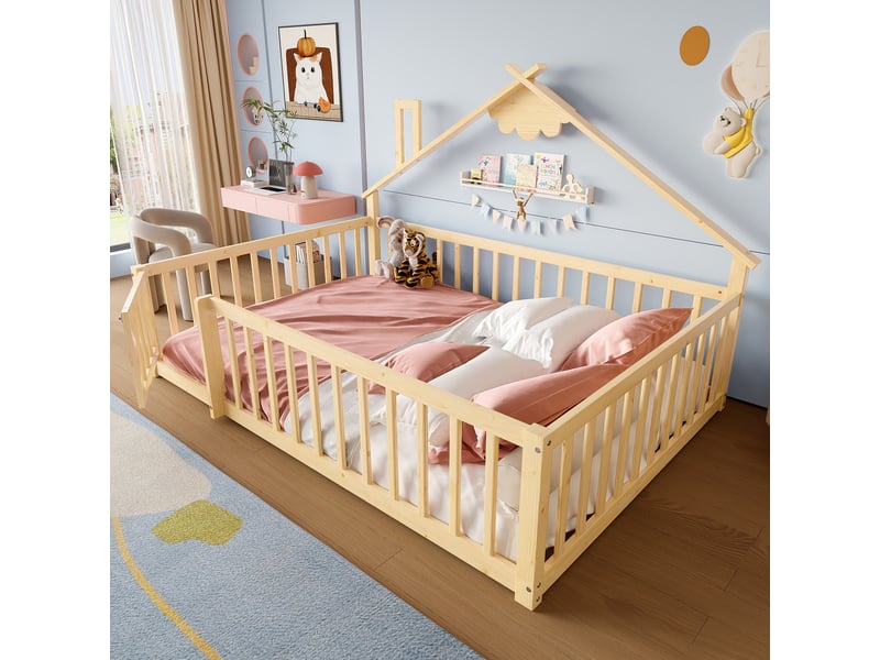  Lit plat 140x190 cm, lit enfant, barrière maison, garde-corps avec serrure, pin, naturel  - Conforama C