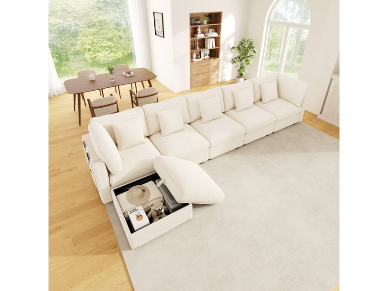  Canapé d'angle xxl modulable 6 places , avec véritable fonction lit, ottoman coffre de rangement, 5 coussins décoratifs, chenille – beige  - Conforama D