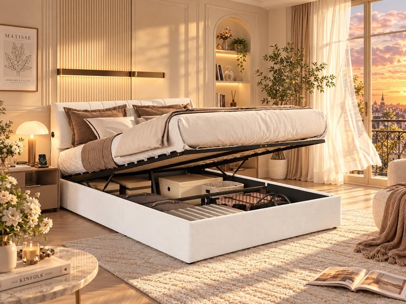  Lit 2 places 140x200 cm - led, usb - velours beige avec sommier à lattes inclus  - Conforama B