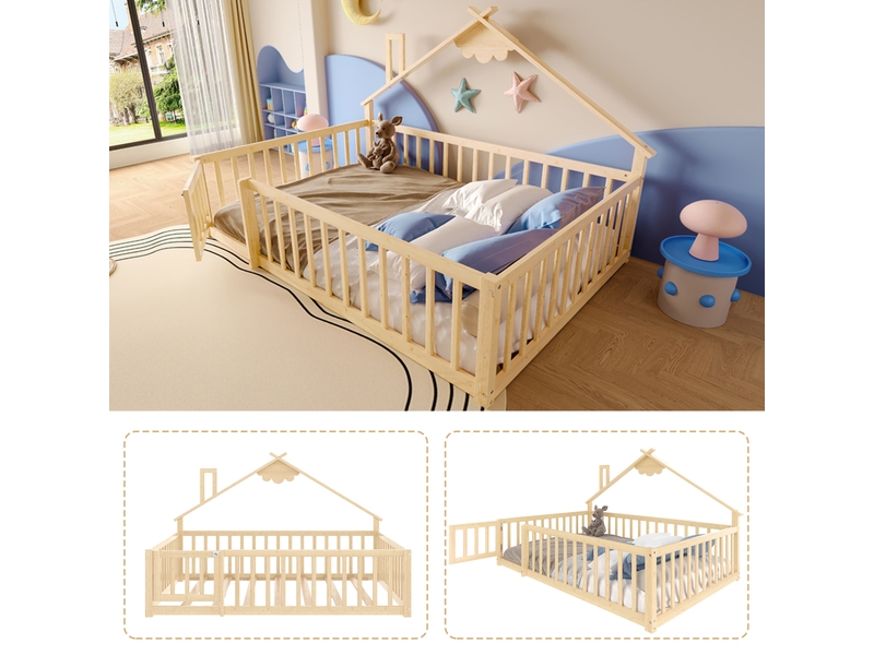 Lit enfant 140x190 cm, forme de maison, garde-corps, sommier, pin naturel, sans matelas  - Conforama E
