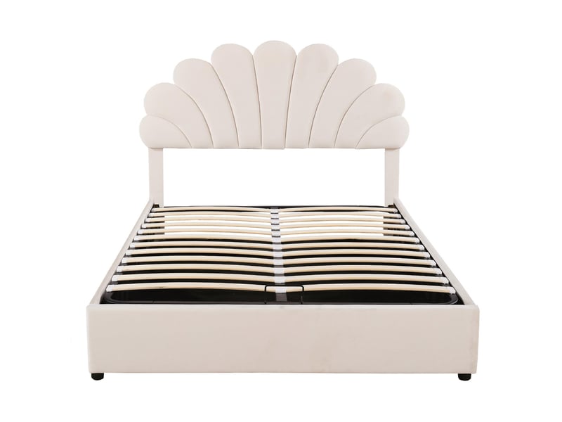  Lit coffre 140 × 200 cm, velours beige, tête de lit fleurie réglable, sommier relevable, rangement sous le couchage  - Conforama A