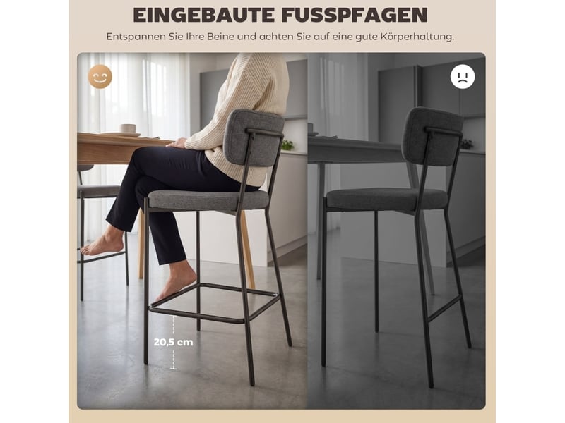  Tabourets de bar lot de 2 avec dossier incurvé, repose-pieds et pieds réglables en polyester gris  - Conforama D