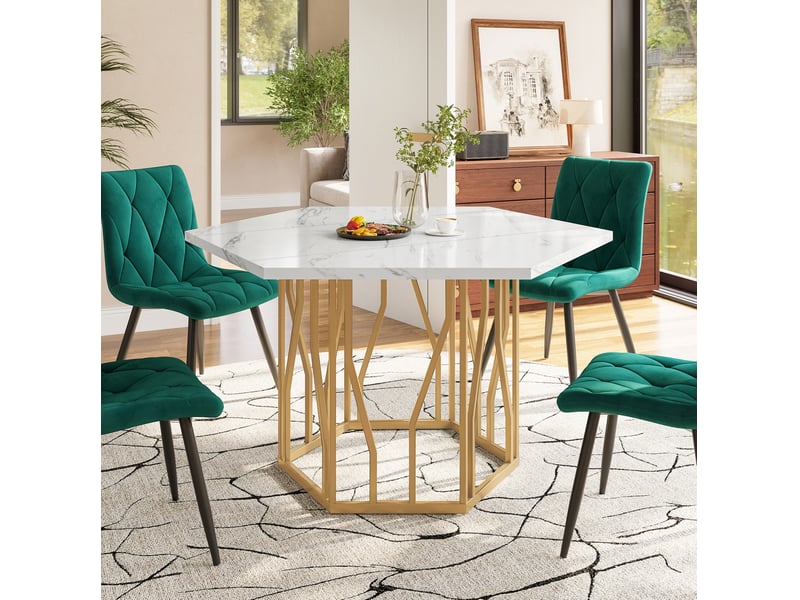 Table moderne hexagonale 115,5x100x75 cm, style simple et épuré, plateau mdf aspect marbre, cadre métallique, teinte blanc et doré - Conforama D