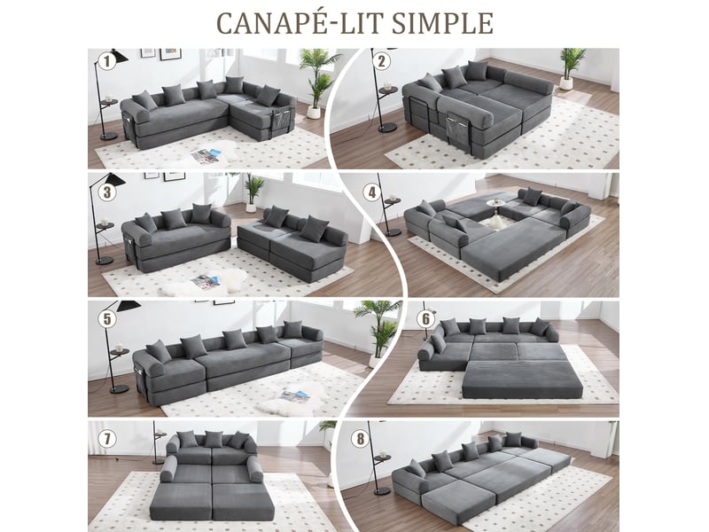  Canapé d'angle 4 places moderne 270x180x64 cm, modulable à volonté, poches, rangement, velours côtelé gris foncé  - Conforama E
