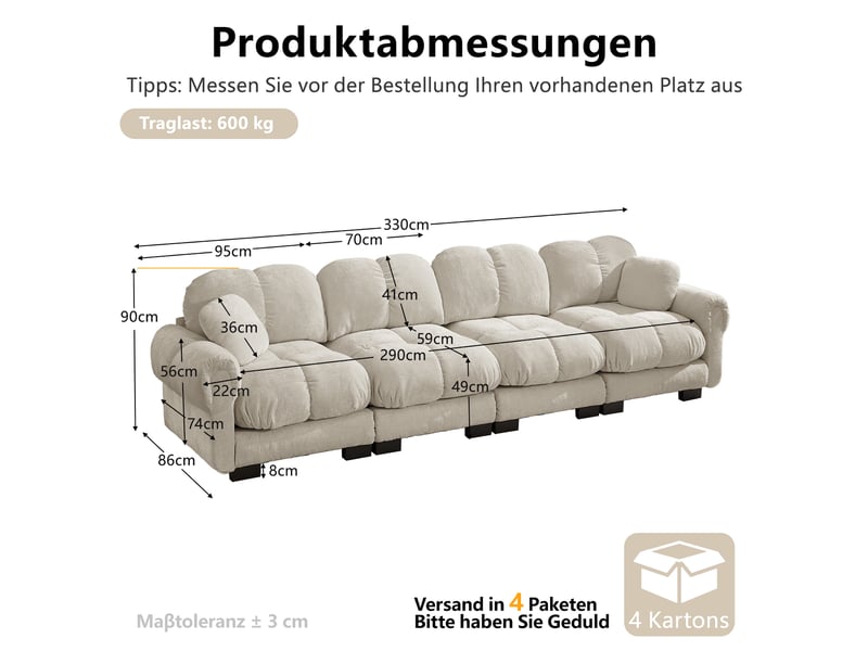  Canapé modulaire 4 places à coussins matelassés - lpospi - dossier ergonomique en chenille kaki clair 330 × 86 × 90 cm  - Conforama D