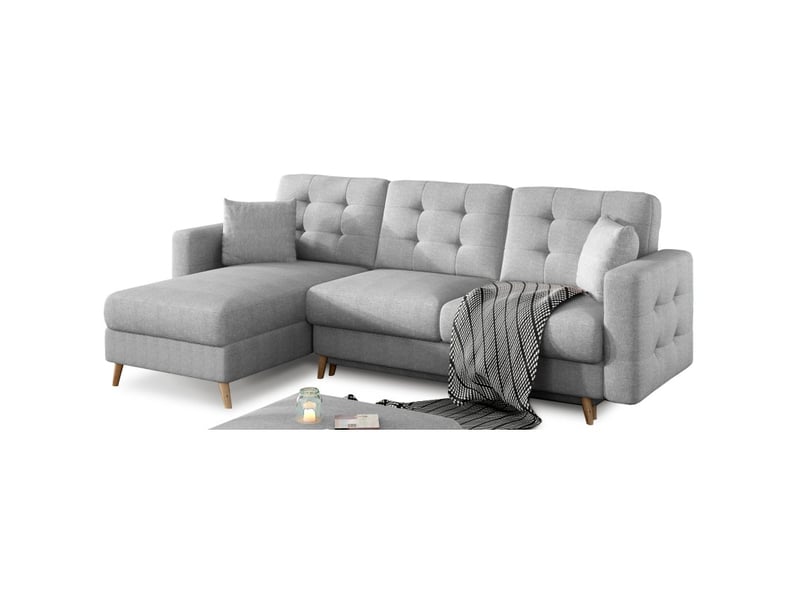  Canapé d'angle convertible hasgard 3 places gris 248x162 cm – coffre et pieds bois  - Conforama A