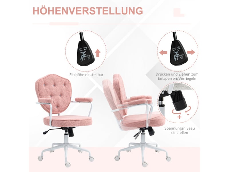  Chaise de bureau ergonomique en tissu teddy rose, capitonnée, inclinable, pivotante, réglable en hauteur  - Conforama D