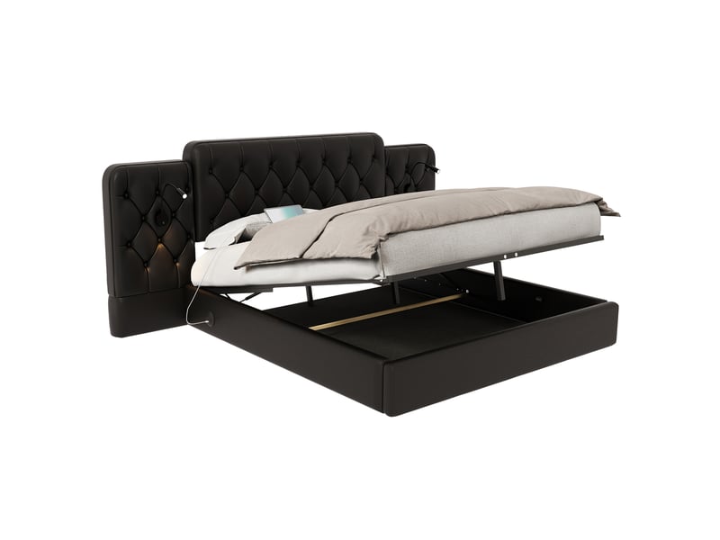  Lit coffre 160 x 200 cm,cadre de lit, velours, plusieurs ports usb, lampe de bureau, système hydraulique, noir  - Conforama A
