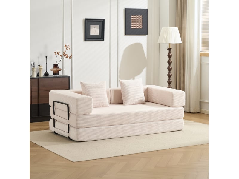  Canapé convertible au sol 2 places pliable avec coussins, fonction couchage en velours côtelé blanc  - Conforama B