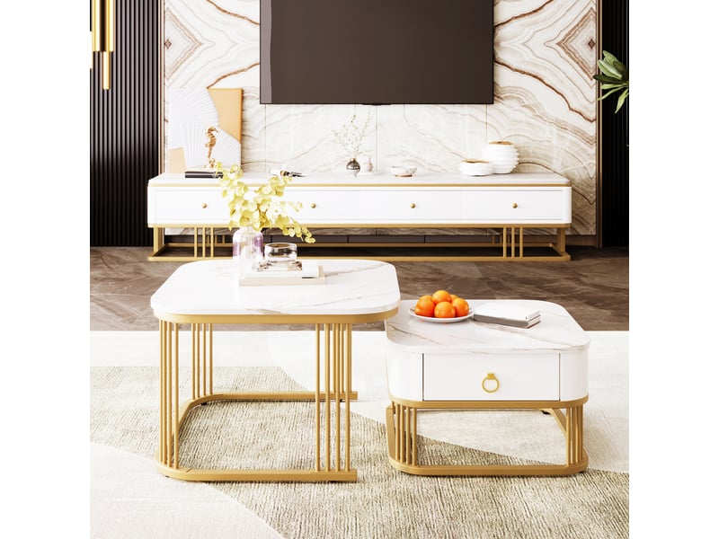  Lot de 2 tables basses gigognes avec tiroir, effet marbre brillant, blanc et doré  - Conforama D