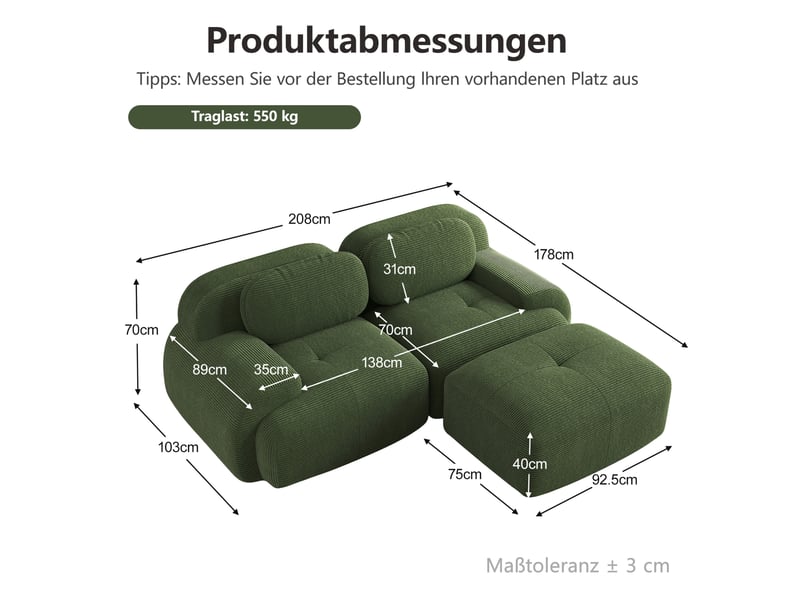 Canapé d'angle modenvie modulable 2 places 208 x 178 x 70 cm sans cadre en velours côtelé vert  - Conforama C