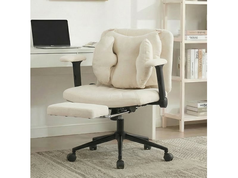  Chaise de bureau pivotante en tissu beige avec repose-pieds, hauteur réglable et soutien lombaire réglable  - Conforama B