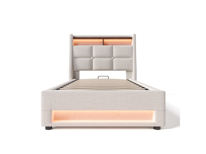  Modenvie lit coffre 90x200 cm - avec rangement, led, ports usb et matelas inclus - beige  - Conforama A