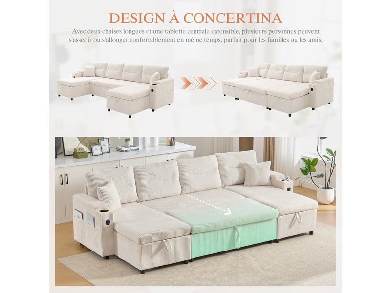  Canapé d'angle convertible 4 places en velours côtelé beige 272x136x86 cm avec rangement, usb-c et porte-gobelets 272x136x86cm - Conforama W