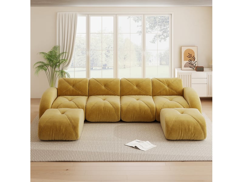  Canapé modulable 4 places avec 2 poufs en chenille jaune  - Conforama D
