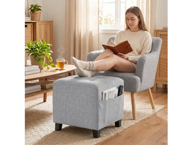  Pouf carré 35x35x35 cm avec poche latérale tissu aspect lin gris clair  - Conforama C