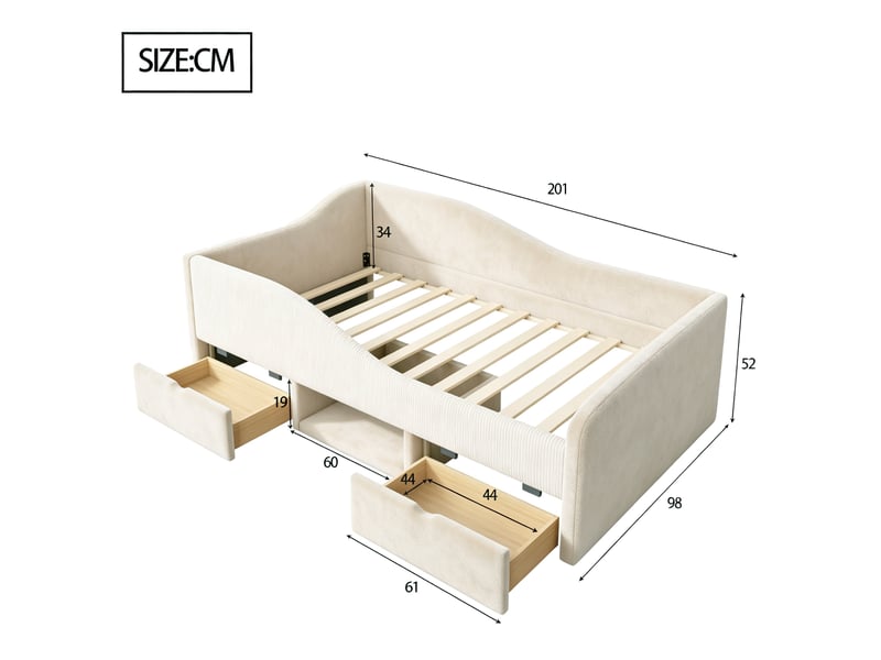  Lit enfant rembourré 90x190 cm en velours beige avec 2 tiroirs  - Conforama C