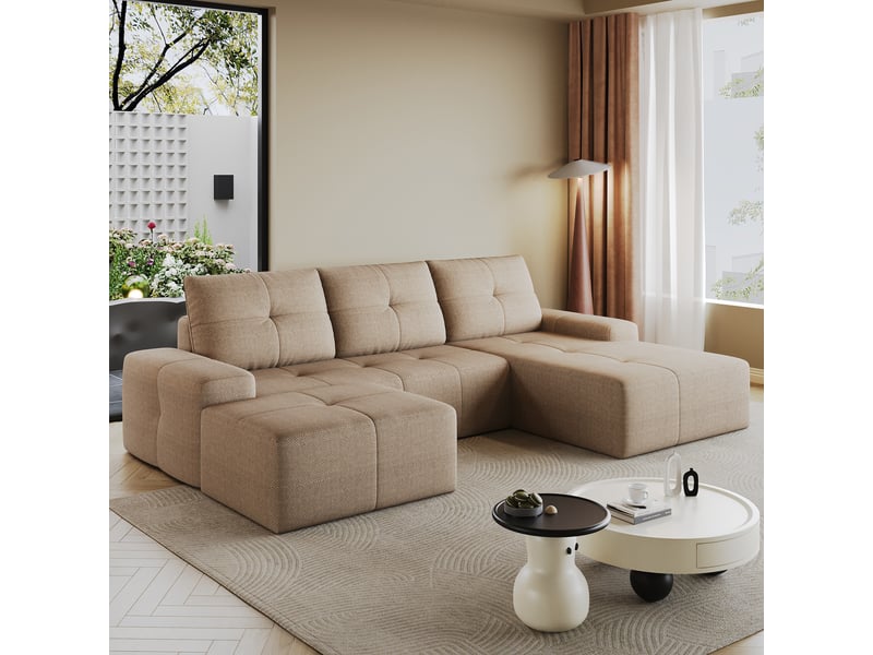  Canapé d'angle 262 cm en l avec méridienne à droite et pouf, canapé nuage en mousse compressée sous vide, ensemble confortable pour salon, kaki Seren Glow - Conforama B