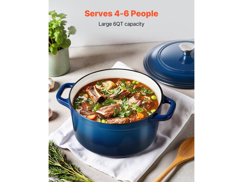  Vevor cocotte en fonte 5,68 l, marmite emaillee avec couvercle et deux poignees, robuste et durable, pour les fours a induction jusqua 260 °c, pour braiser, mijoter, rotir et cuire le pain, bleu  - Conforama B