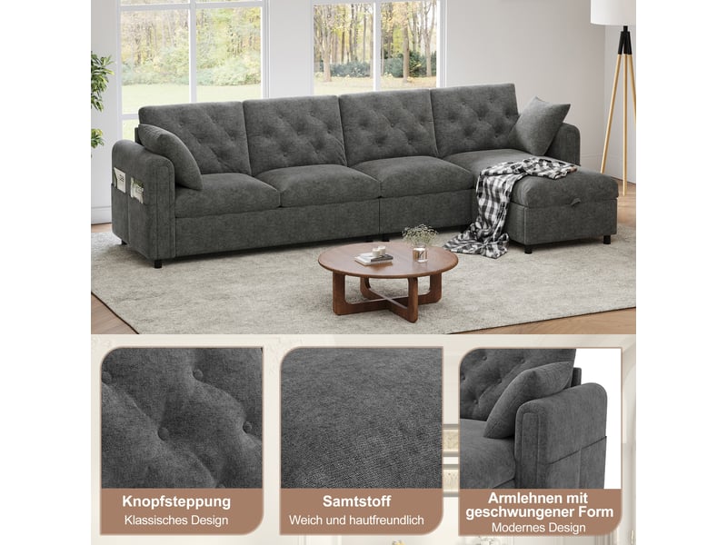  Canapé d'angle, canapé velours — 281 × 86 × 71 cm, en velours, avec rangement, gris  - Conforama W