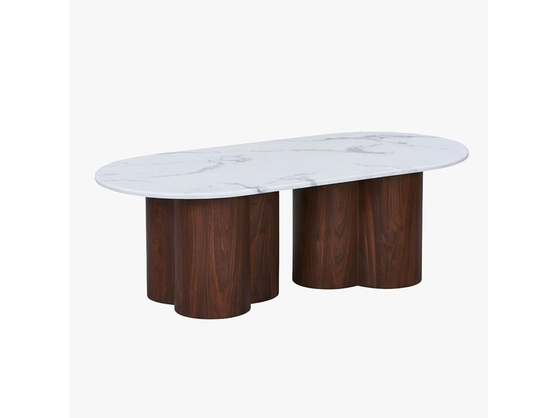  Table basse ovale en marbre composite pieds couleur bois foncé 120 cm  - Conforama C