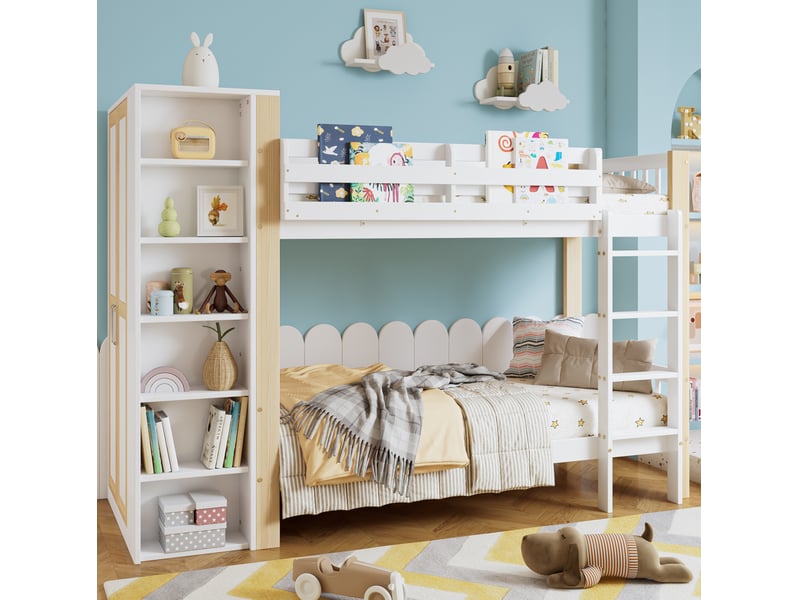Lit superposé enfant 90x200 cm – blanc et naturel – armoire latérale et 6 étagères - sans matelas - Conforama B