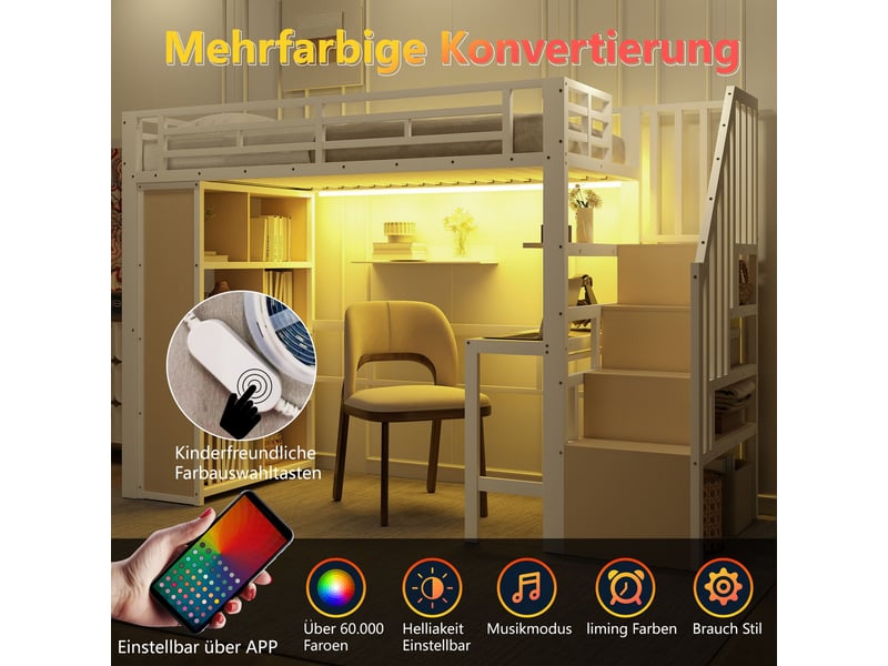  Lit mezzanine blanc 90x200cm avec escalier rangement, bureau, éclairage led, structure robuste, pratique - fer - pour enfant ado  - Conforama D