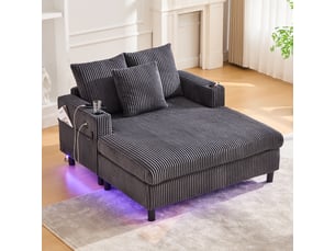Canapé 2 places en velours côtelé gris foncé avec led, usb et porte-gobelets intégrés pour salon