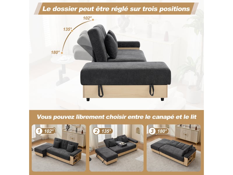  Canapé convertible 3 places 217 cm avec dossier réglable 3 positions, pouf coffre, 2 tiroirs, porte-gobelets, chenille gris  - Conforama E