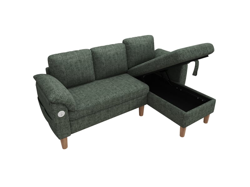  Canapé d'angle tcqpz 3 places 181 x 125 x 88 cm méridienne réversible rangement usb type-c chenille vert  - Conforama A