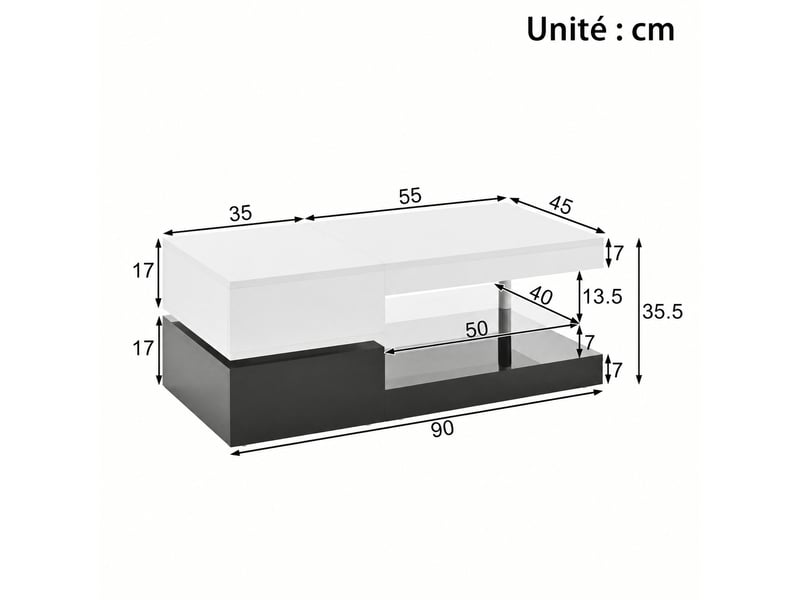  Table basse moderne noire et blanche brillante avec éclairage led, 90 x 45 x 35,5 cm  - Conforama C
