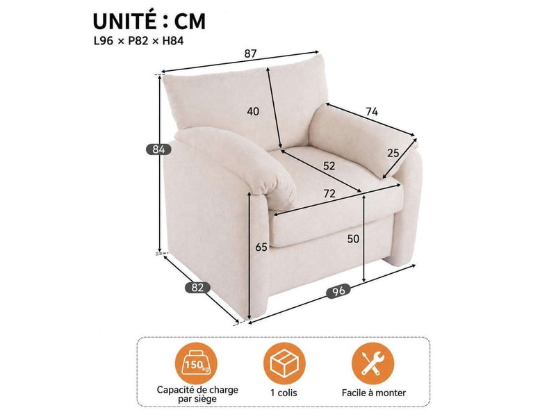  Fauteuil surdimensionné en tissu chenille avec coussin d'assise épais de 18 cm et accoudoirs moelleux, cadre bois et métal, 150 kg  - Conforama C
