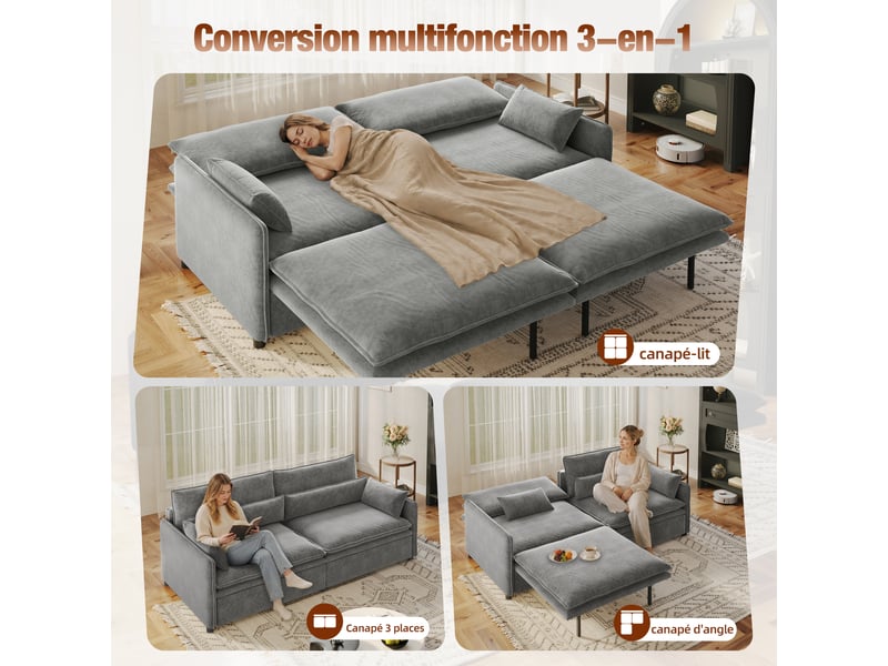  Canapé convertible 3 places gris clair en chenille avec rangement, 206 cm Fay Lum - Conforama D