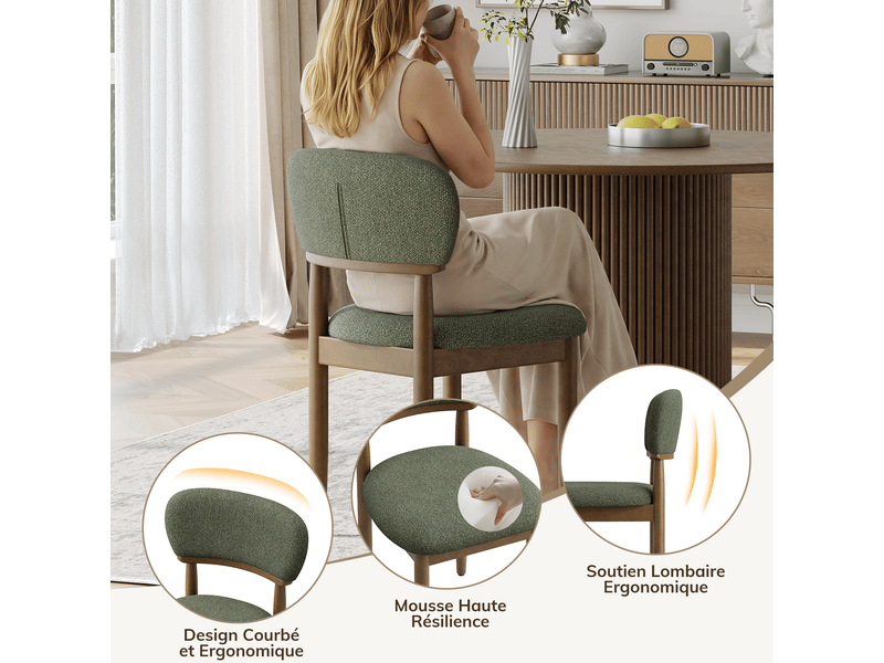  Lot de 2 chaises de salle à manger rembourrées, dossier ergonomique, tissu texturé respirant, structure en bois massif, style moderne, vert  - Conforama E