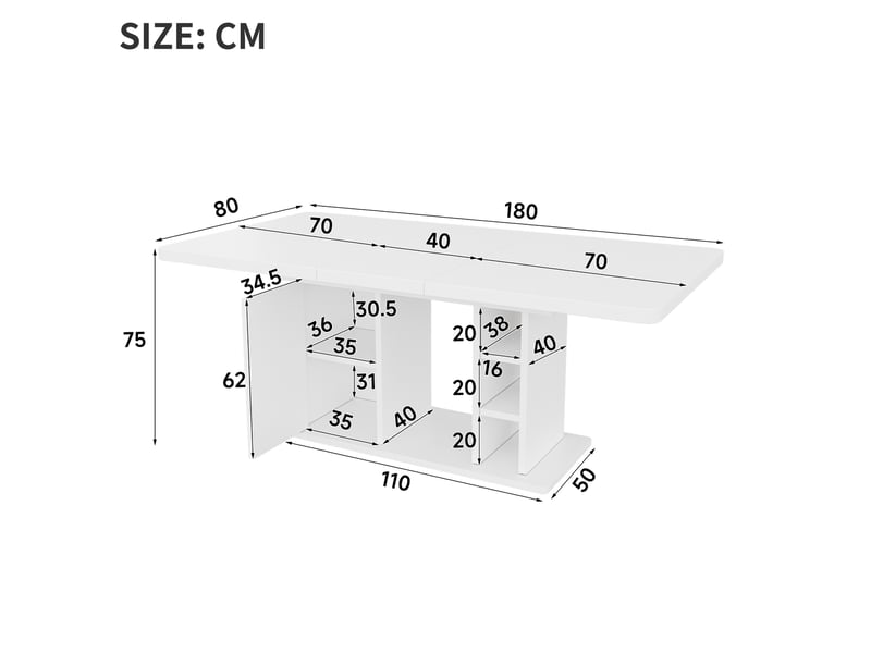  Table de salle à manger extensible pour 6 à 8 personnes avec rangement, plateau épais, en mdf blanc, style scandinave  - Conforama E