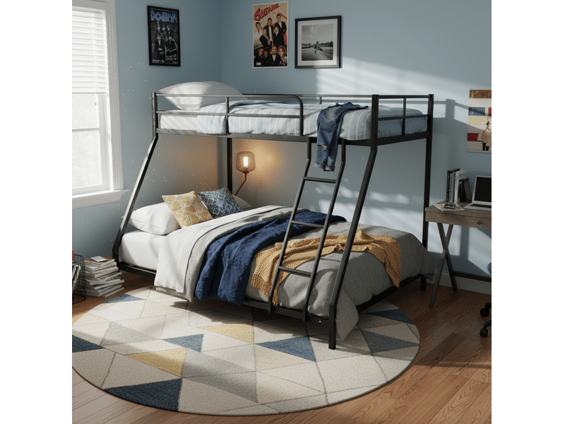 Lit superposé en métal noir 200x140x137 cm avec échelle et barrières - Conforama E