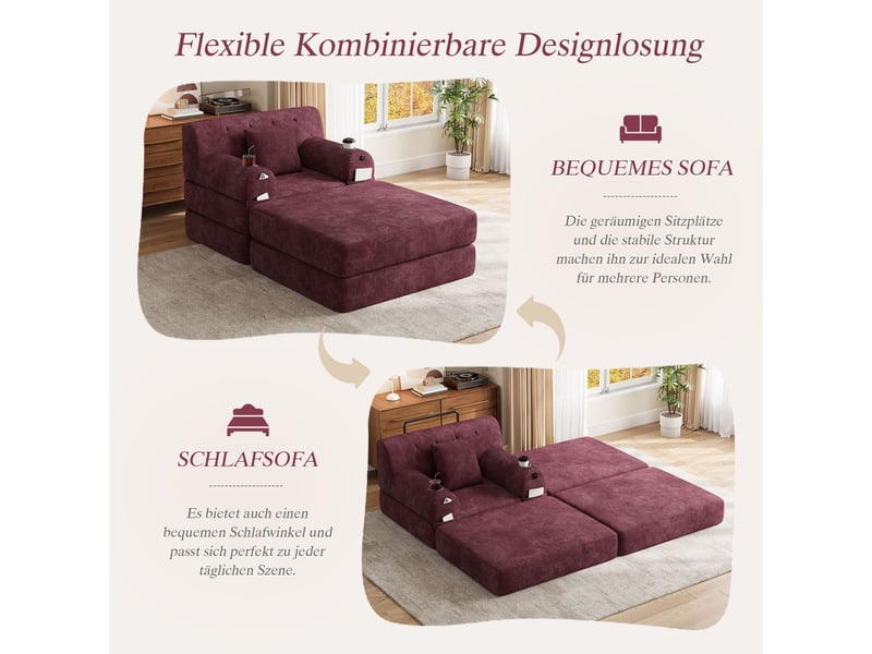  Canapé pouf inclus revêtement côtelé fonction allongée dossier haut cadre en métal mousse haute densité 2 porte-gobelets 4 poches latérales  - Conforama D