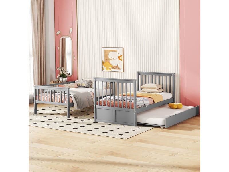 Lit superposé en bois 90x200 cm 3 en 1 convertible avec lit gigogne, barrière sécurité, échelle, sommier lattes, gris - Conforama E