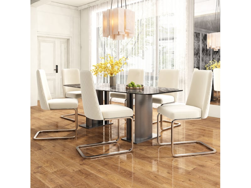  Chaise de salle à manger lot de 6 avec dossier à motif losange et pieds métalliques argentés en velours beige  - Conforama B