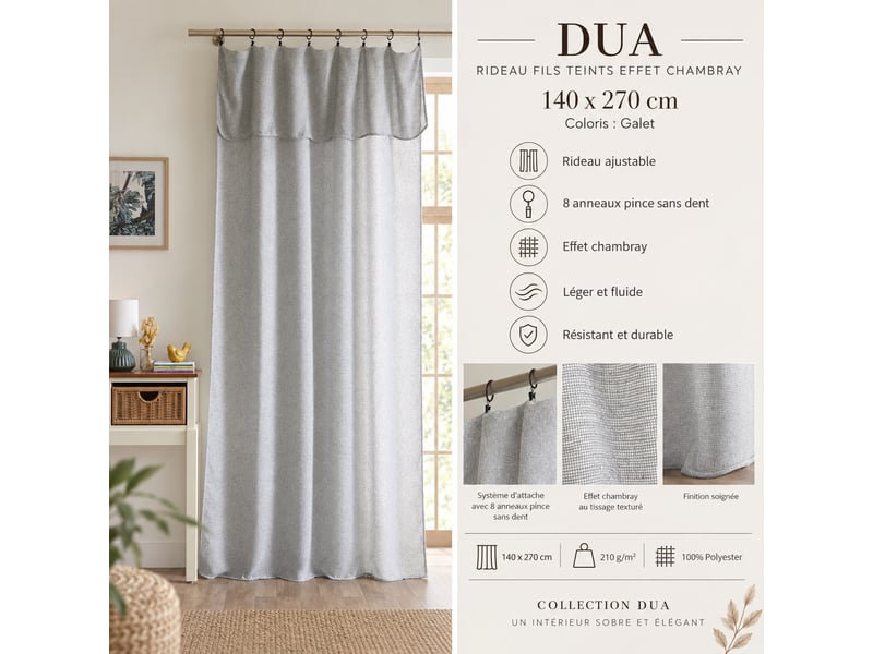  Rideau ajustable + 8 anneaux pince 140 x 270 cm polyester fils teints effet chambray dua galet 15665 - Conforama C