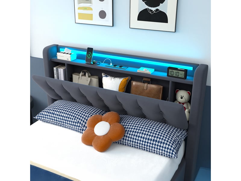  Lit 140 x 190 cm en velours gris foncé avec rangement, usb et éclairage led  - Conforama D