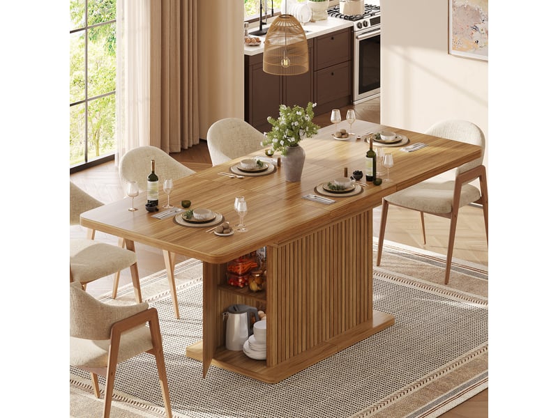  Table à manger extensible 120-160 cm effet bois brun avec rangement et relief rainuré  - Conforama B