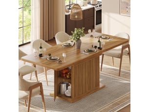 Table à manger extensible 120-160 cm effet bois brun avec rangement et relief rainuré