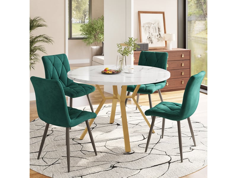  Ensemble table ronde et 4 chaises, plateau en mdf effet marbre blanc, piètement doré et sièges ergonomiques en velours vert  - Conforama C